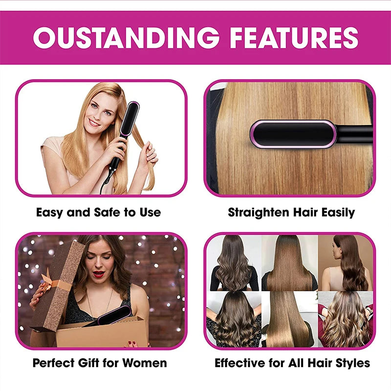 2 In 1 Electric Professional Negative Ion Hair Straightener Brush Curling Comb with Lcd Display Hair Curling Tool Straight Brush